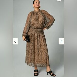 Anthropologie Let Me Be Smocked Mock-Neck Long Sleeve sheer  Dress 1X NWOT